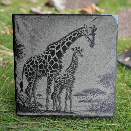Rustic slate coaster with laser-engraved design of two giraffes in their natural African savanna habitat – handcrafted natural stone drink coaster with intricate wildlife artwork, featuring fine laser etching that captures lifelike giraffe silhouettes amid acacia trees and grassland, perfect for nature lovers, safari-themed décor, or unique animal-inspired gifts – durable with chiseled edges and protective backing