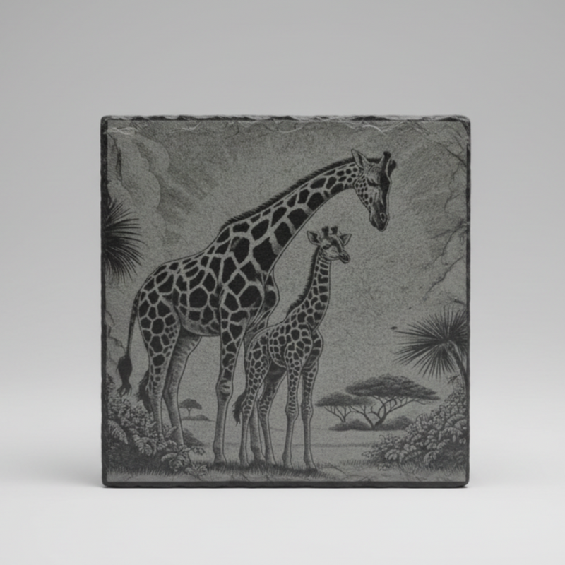 Slate coaster laser engraved with mother and calf giraffe savanna scene