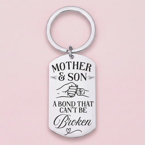 Laser engraved stainless steel keyring with the quote “Mother & Son – A Bond That Can’t Be Broken”, personalised gift for Mum for Mother’s Day or birthday.