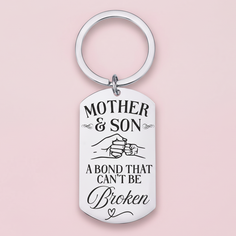 Laser engraved stainless steel keyring with the quote “Mother & Son – A Bond That Can’t Be Broken”, personalised gift for Mum for Mother’s Day or birthday.