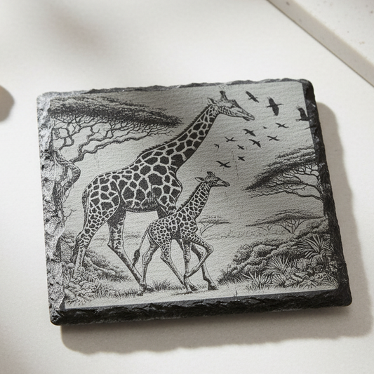 Slate coaster engraved with a mother and baby giraffe in their natural habitat, wildlife gift for Mum or animal lover.
