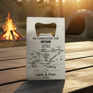 Personalised bottle opener with map design and text on a stainless steel background