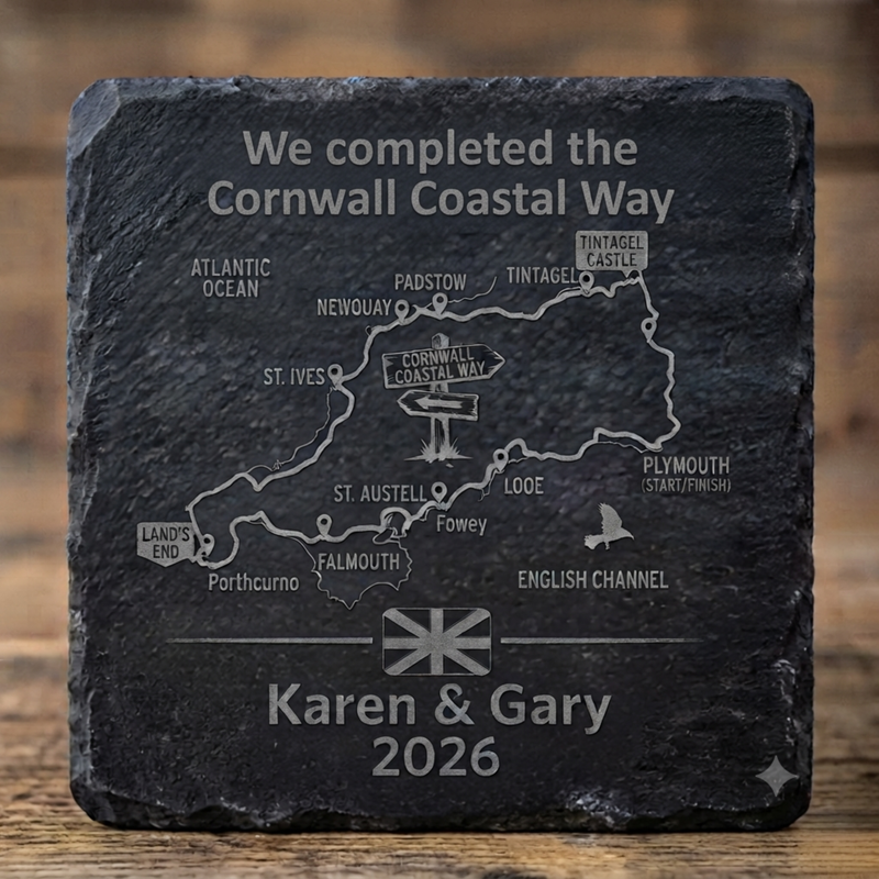Personalised Cornwall Coast Path coaster in slate with laser engraved route map