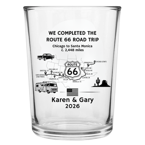 Route 66 gift, personalised glass with custom printed route map