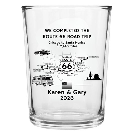 Route 66 gift, personalised glass with custom printed route map