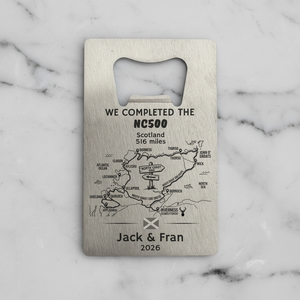 Personalised NC500 laser engraved stainless steel credit card bottle opener showing North Coast 500 route map design on the front