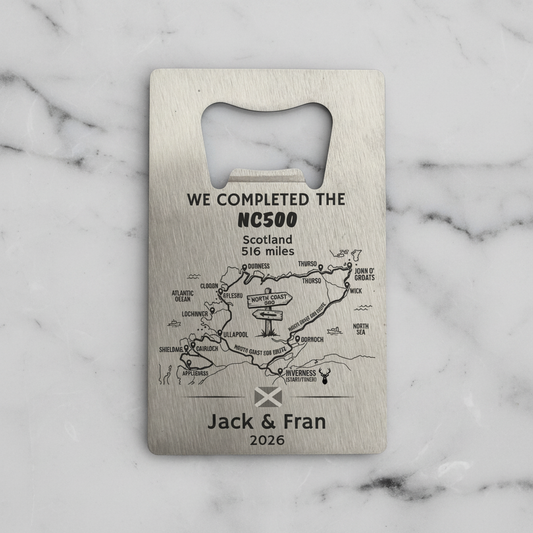 Personalised NC500 laser engraved stainless steel credit card bottle opener showing North Coast 500 route map design on the front