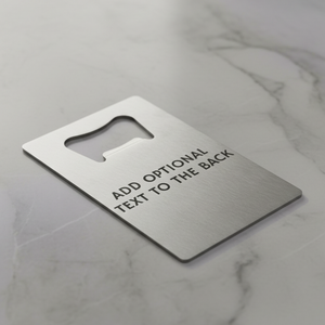 Reverse side of personalised NC500 stainless steel credit card bottle opener showing custom laser engraved personal message