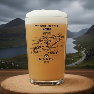 Personalised NC500 ink printed pint beer glass showing North Coast 500 route map design with custom name and year