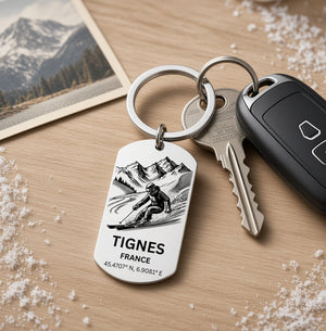 Tignes Skiing Keyring | Personalised French Alps Gift UK First Glass Designs