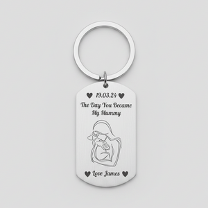 Personalised stainless steel new mum keyring laser engraved with mother and baby line art, "The Day You Became My Mummy", name and date