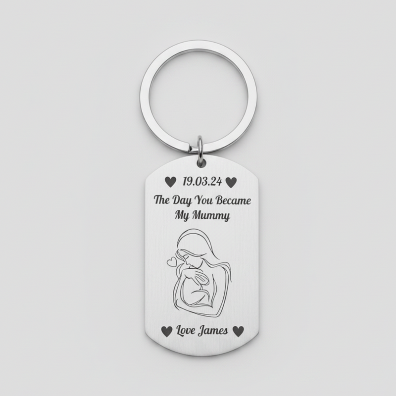 Personalised stainless steel new mum keyring laser engraved with mother and baby line art, "The Day You Became My Mummy", name and date