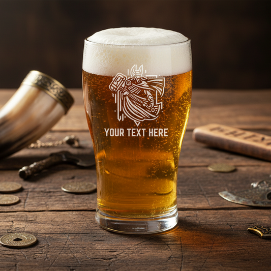 Thor personalised pint glass — Norse warrior illustrated design with custom text, front view