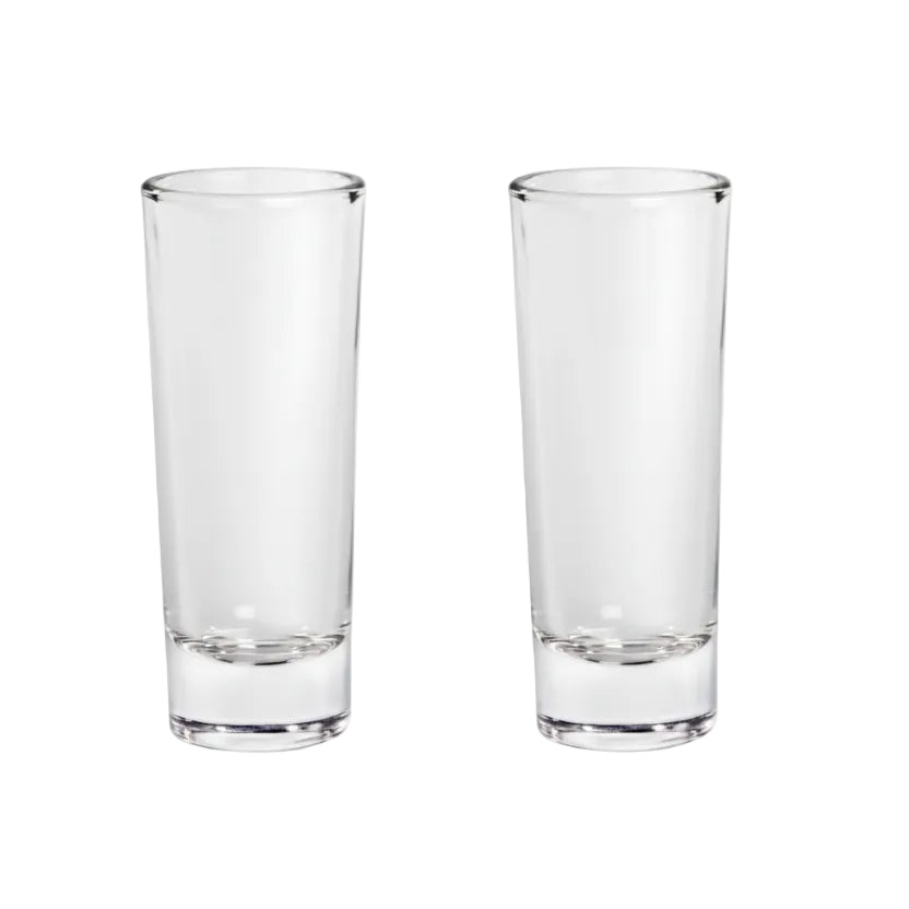 Pair of personalised tall shot glasses with uploaded custom design on marble surface, unique birthday and hen do gift