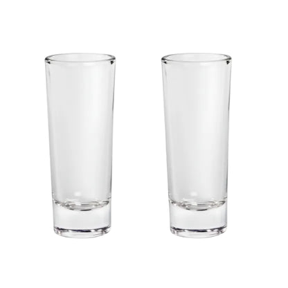 Pair of personalised tall shot glasses with uploaded custom design on marble surface, unique birthday and hen do gift