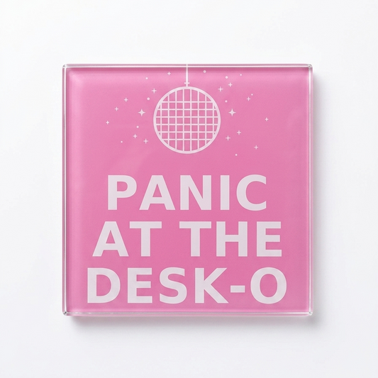 Panic at the Desk-O funny pink glass coaster with disco ball design on wooden surface, unique novelty office gift for her