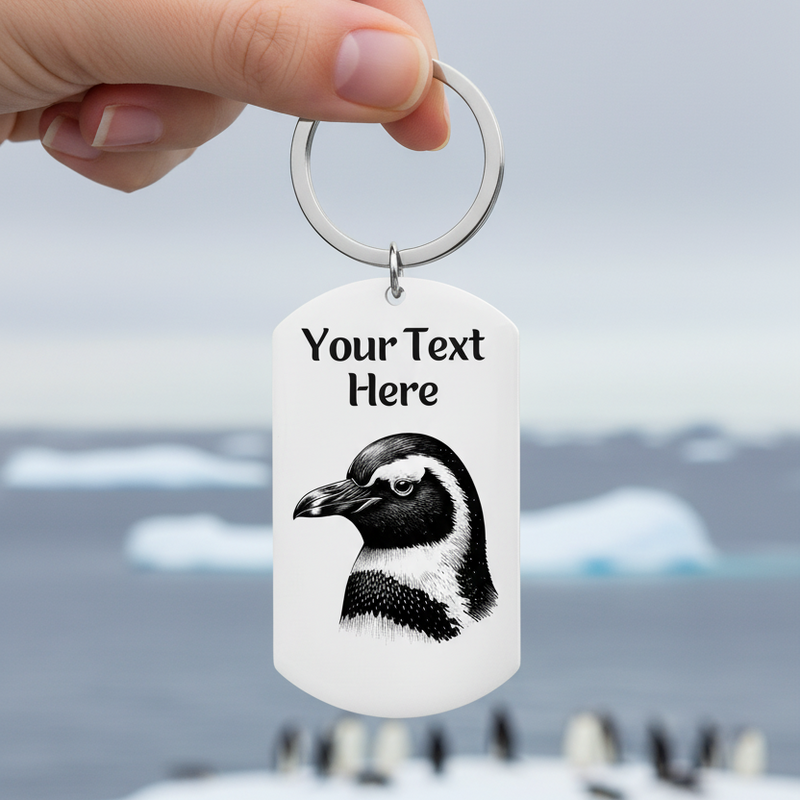 Keychain with penguin design and customizable text on a white background