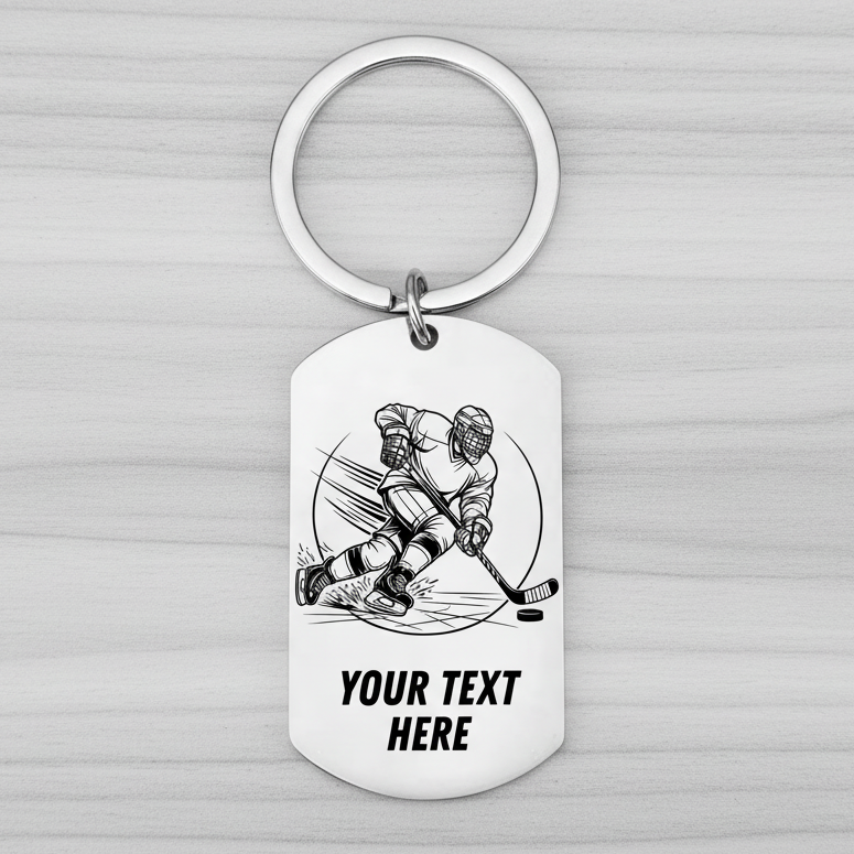 Personalised stainless steel ice hockey keyring with engraved hockey player design