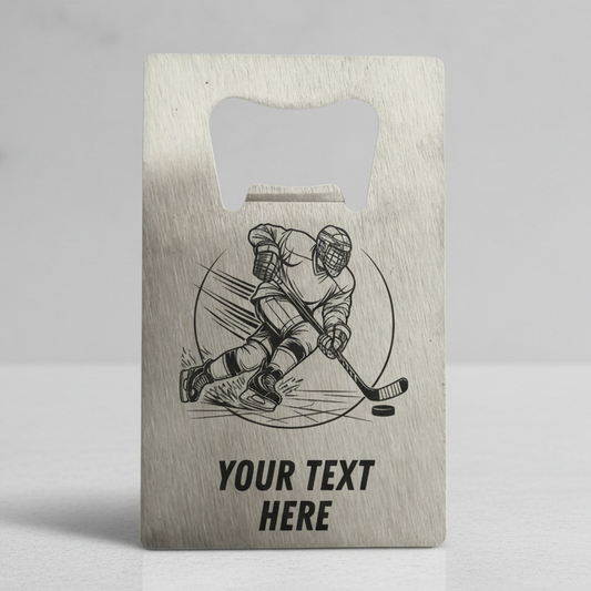 Personalised stainless steel ice hockey bottle opener with engraved player design