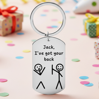 Personalised keyring featuring a funny stick figure design with one figure holding the missing back of another, engraved with custom name and text “I’ve Got Your Back,” perfect gift for friends, couples, or coworkers.