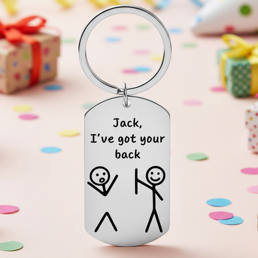 Personalised keyring featuring a funny stick figure design with one figure holding the missing back of another, engraved with custom name and text “I’ve Got Your Back,” perfect gift for friends, couples, or coworkers.