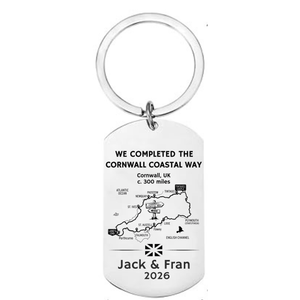 Personalised Cornwall Coast Path completion keyring with laser engraved route map