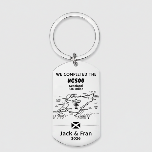 Personalised NC500 Completion Keyring | Laser Engraved Scotland Gift First Glass Designs