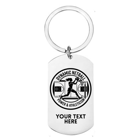 Personalised netball keyring with laser engraved Dynamic Netball crest design