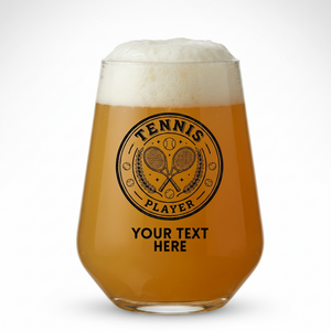 Personalised stemless beer glass with Tennis Player crest design and custom text