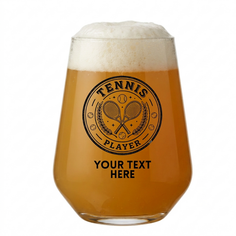 Personalised stemless beer glass with Tennis Player crest design and custom text
