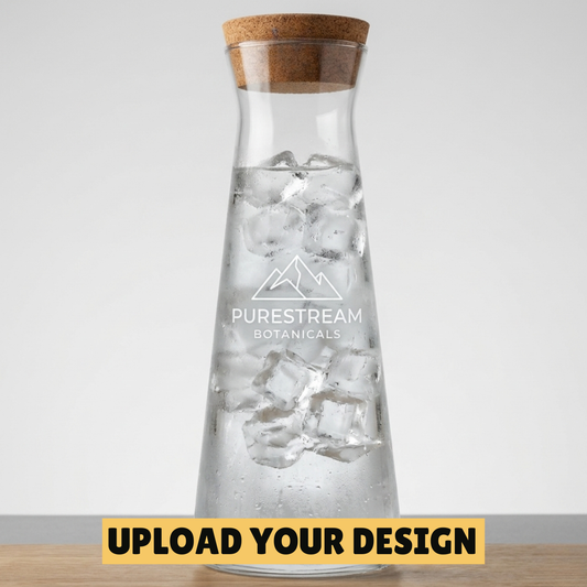 Personalised 1150ml glass carafe with natural cork lid and custom printed Purestream Botanicals logo, unique branded gift