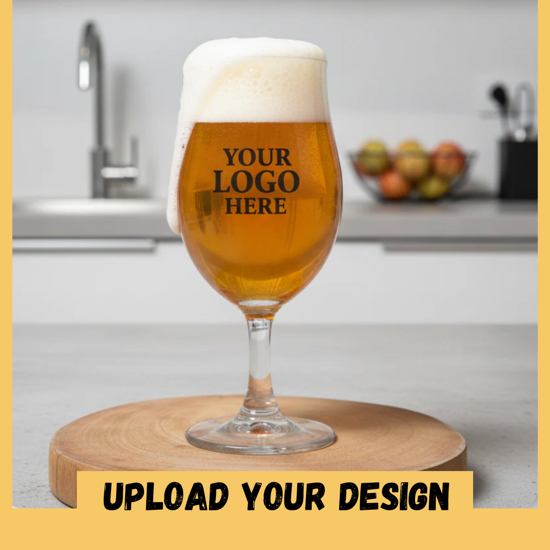 Personalised 1-pint chalice beer glass on wooden board showing YOUR LOGO HERE placeholder — upload any design or logo to be printed on the glass
