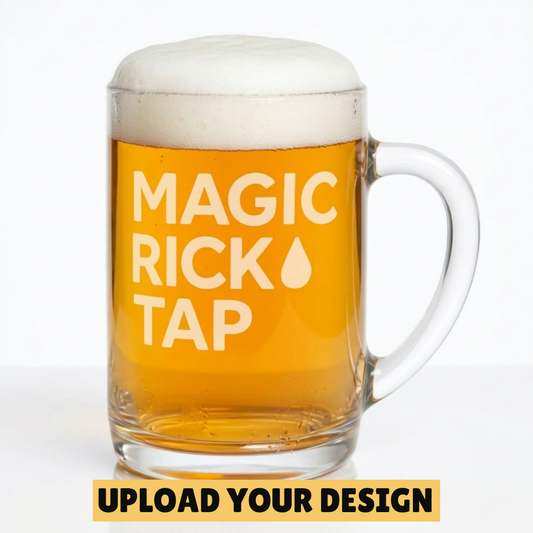 Personalised 1 pint glass tankard with handle showing custom printed 