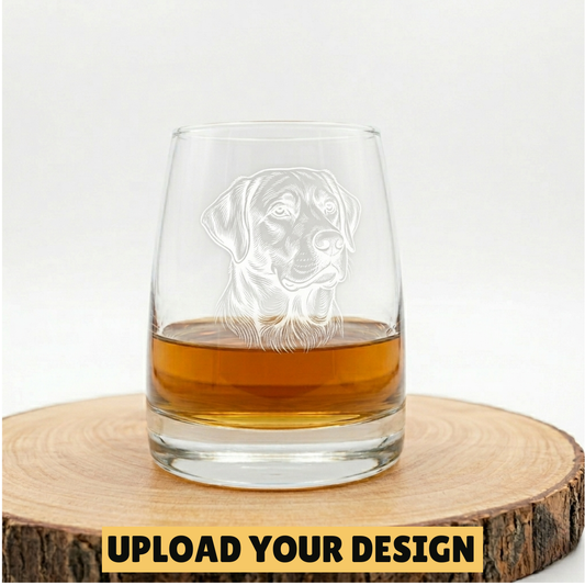 Personalised 300ml whiskey glass with distinctive green base and custom uploaded Labrador dog portrait design on wooden board