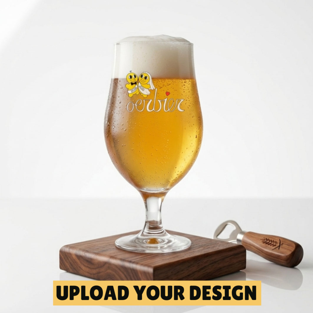 Personalised 370ml stemmed tulip beer glass with custom uploaded wedding bee oerbier design filled with golden beer on wooden coaster