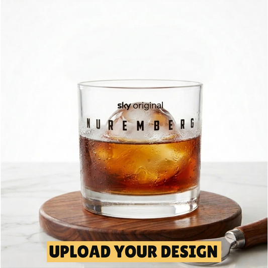 Personalised 370ml straight-sided whiskey tumbler with custom uploaded design on wooden coaster, unique spirits gift for him