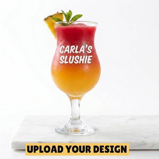 Personalised 380ml hurricane cocktail glass with custom uploaded Carla's Slushie design filled with tropical frozen cocktail