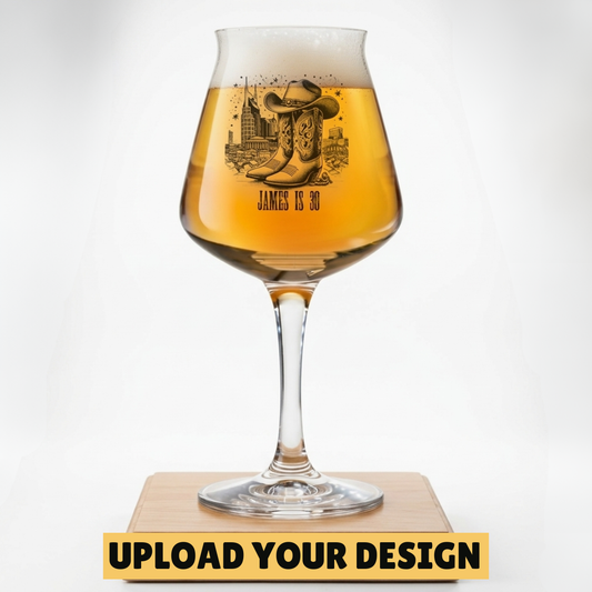 Personalised 420ml Teku glass with custom uploaded cowboy boots birthday design James is 30, unique craft beer gift