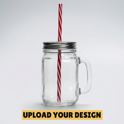 Personalised 450ml mason jar glass with handle, screw-top lid and striped straw, upload your own design