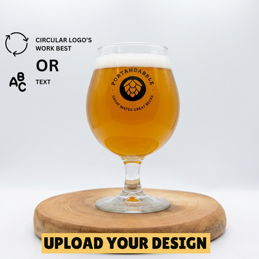 Personalised 480ml stemmed tulip beer glass with custom uploaded Kingston Pull Brewing Company design filled with golden ale