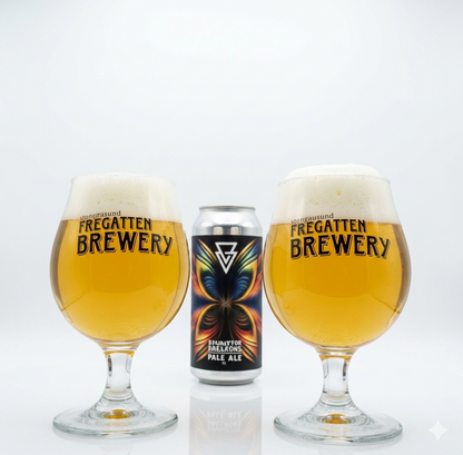 Personalised 480ml stemmed tulip beer glass with uploaded brewery branding on wooden board, unique craft beer gift for him