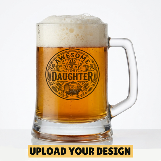 Personalised 510ml beer tankard mug with custom uploaded Awesome Like My Daughter design filled with golden beer and frothy head