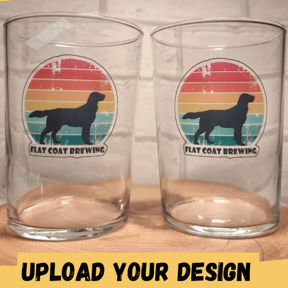 Personalised 51cl Tubo tumbler glass printed with a custom holiday design, showing full colour print quality on the large wide rocks glass shape