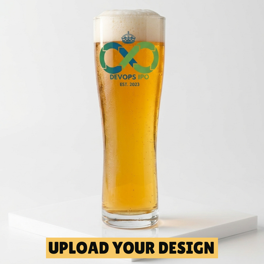 Personalised 568ml toughened Aspen pint glass with custom uploaded DevOps IPO logo design filled with golden beer on 