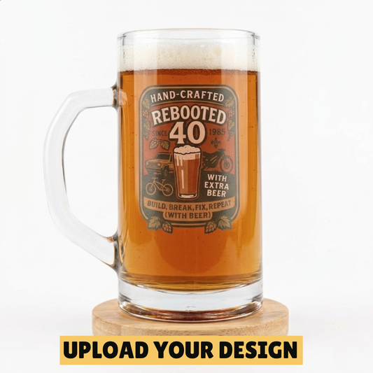 Personalised 640ml oversized glass beer mug with custom uploaded Rebooted 40 birthday design filled with golden beer