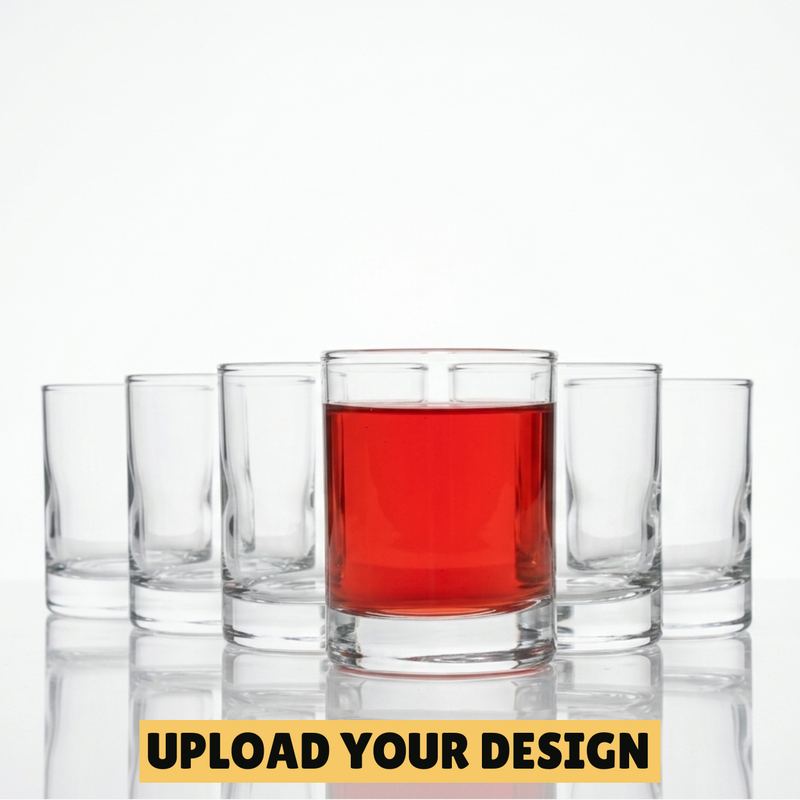Personalised 65ml wide base shot glasses set with one filled with red drink, unique custom printed party gift for him or her