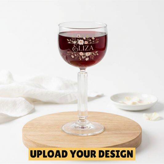 Personalised Art Deco wine and cocktail glass with custom printed floral name design on wooden board, unique gift for her