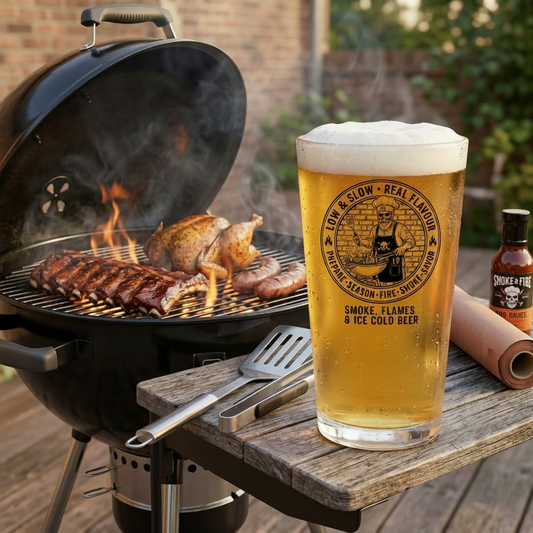 Personalised BBQ motif design on a glass filled with beer on a wooden table with a grill in the background