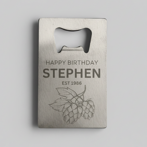 Personalised stainless steel credit card bottle opener laser engraved with name, birth year and hop cluster design