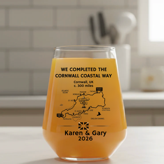 Personalised Cornwall Coast Path completion glass with custom printed route map